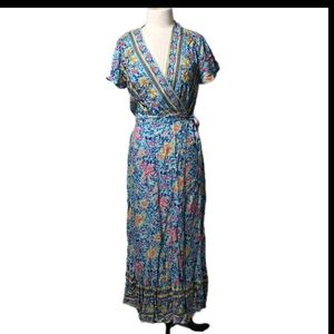Zesica Floral Maxi Wrap Turquoise Boho Cowgirl Chic Dress Size M